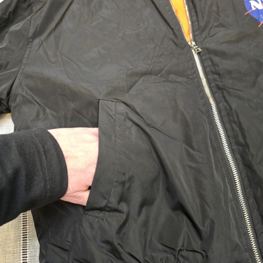 NASA Bomber Jacket With Patches Chemistry Brand Black With Orange Lining Sz Larg - Picture 11 of 16